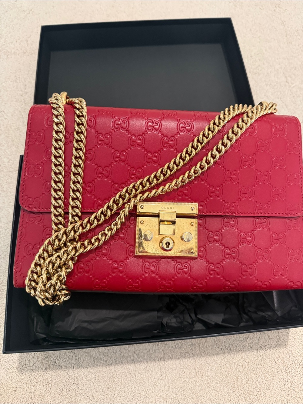 Gucci Red GG Embossed Shoulder Bag with Gold Chain Lock